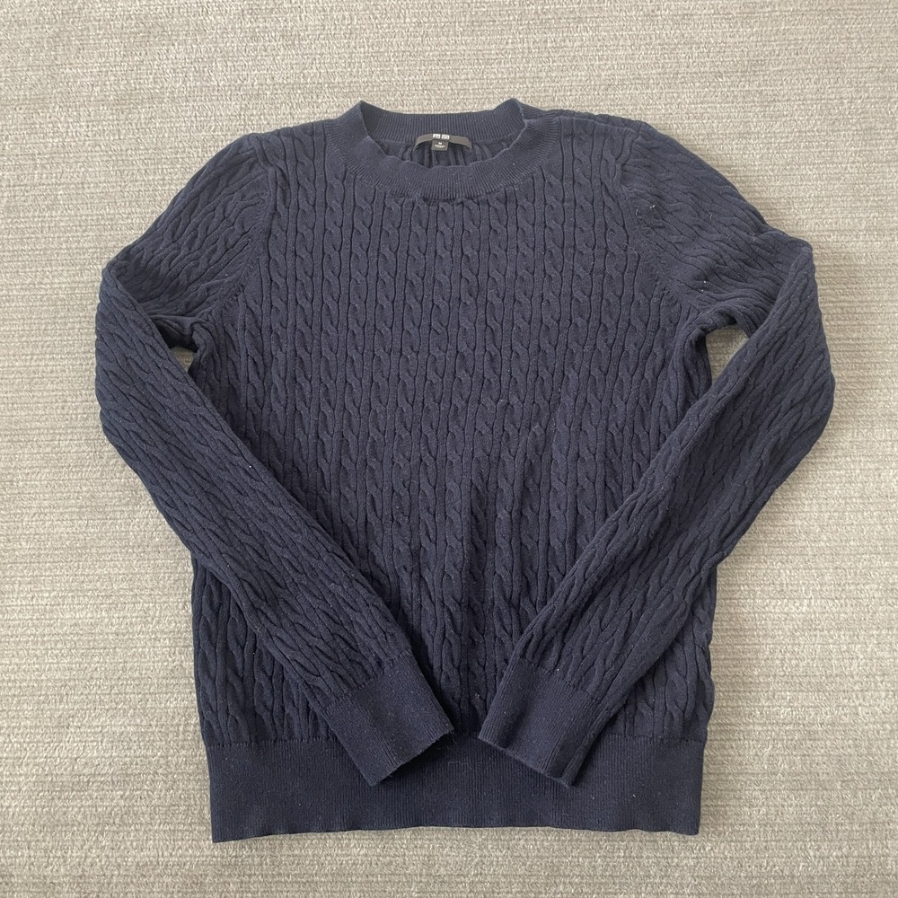 Uniqlo Sweater Women M Navy Blue Cable Knit Office Mock Neck Cotton Cashmere